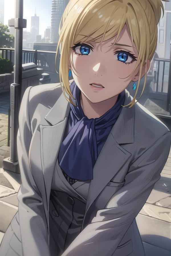 wolfsraincher, <lora:wolfsrain cher-lora-nochekaiser:1>,
cher, short hair, blue eyes, blonde hair, ponytail,
BREAK earrings, ascot, formal, suit, lipstick, makeup, jacket, (grey jacket:1.5),
BREAK outdoors,
BREAK looking at viewer, (cowboy shot:1.5),
BREAK <lyco:GoodHands-beta2:1>, (masterpiece:1.2), best quality, high resolution, unity 8k wallpaper, (illustration:0.8), (beautiful detailed eyes:1.6), extremely detailed face, perfect lighting, extremely detailed CG, (perfect hands, perfect anatomy),