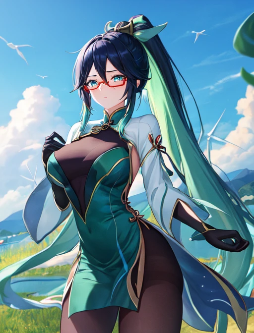 best quality, masterpiece, highres, detailed, digital artwork, <lora:Detail - add_detail:0.2>, XianYunGenshin, two-toned hair, aqua eyes, ponytail, aqua clothes, chinese clothes, gloves, dress, semi-rimless eyewear, pantyhose, <lora:XianYunGenshin:0.9>, magic, wind, green energy, upset,