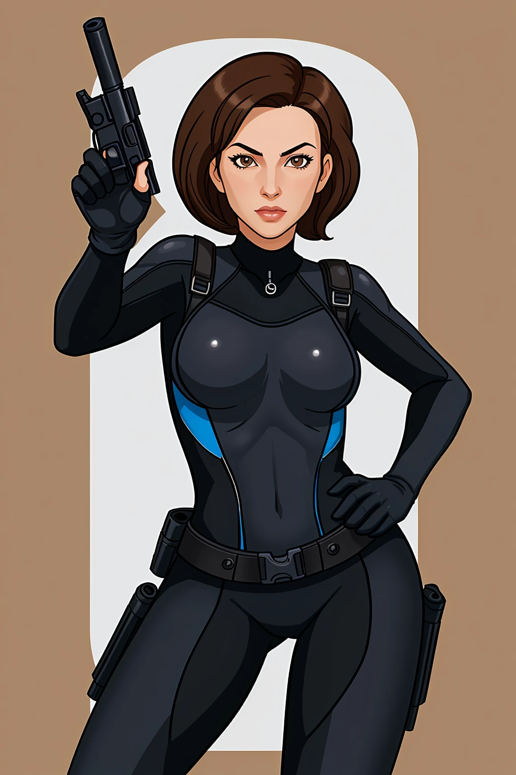 nolfcatearcher, 1girl, short hair, brown hair, gloves, black wetsuit, gun, actoin pose,
 <lora:CateArcher:0.8>