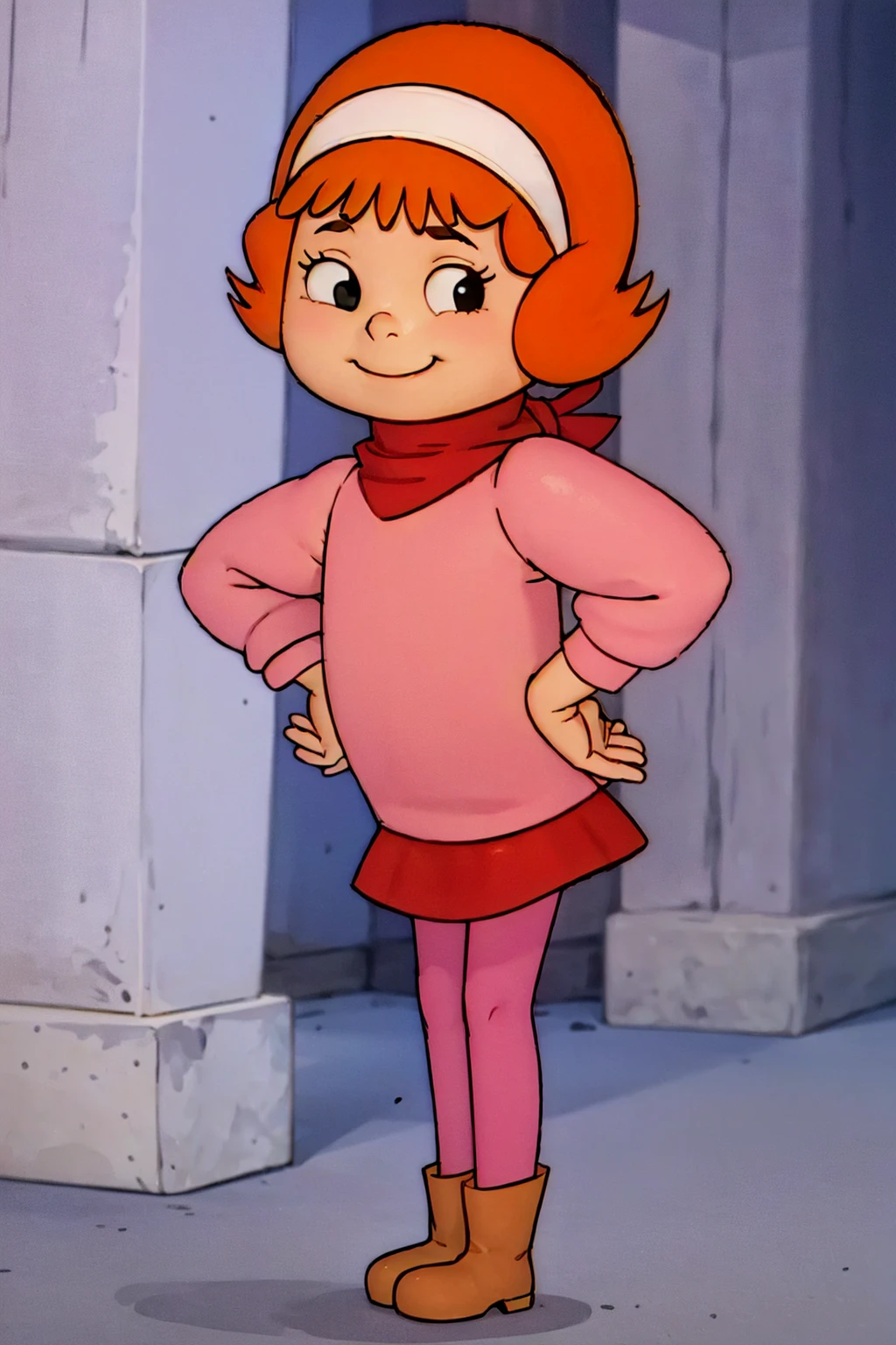 <lora:daphne(APUP)-000009:0.8> daphne, 1girl, solo, pink sweater, orange hair, short hair, hairband, scarf, skirt,black eyes, red skirt, pantyhose, pink pantyhose, boots,hands on hip, looking at viewer,smile,