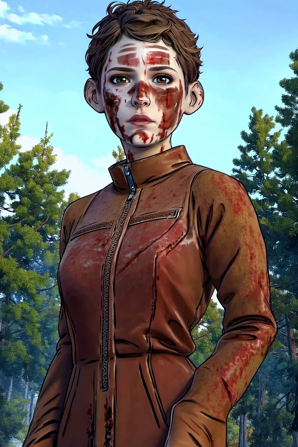 Jane,brown hair,short hair, (insanely detailed, beautiful detailed face,beautiful detailed eyes,full body, masterpiece, best quality),solo, <lora:JaneTWDv1.1:0.8>,blood on face, blood on clothes