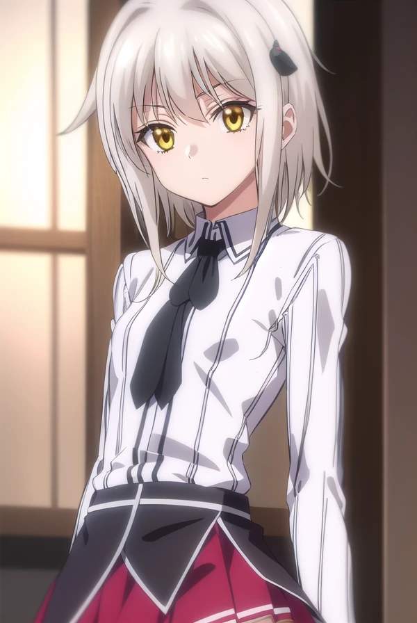 konekotoujou, <lora:koneko toujou anime s1-lora-nochekaiser:1>,
koneko toujou, short hair, hair ornament, (yellow eyes:1.2), white hair,
BREAK skirt, school uniform, shirt, white shirt, collared shirt, neckerchief, black neckerchief, long sleeves, red skirt,
BREAK indoors, classroom,
BREAK looking at viewer, (cowboy shot:1.5),
BREAK <lyco:GoodHands-beta2:1>, (masterpiece:1.2), best quality, high resolution, unity 8k wallpaper, (illustration:0.8), (beautiful detailed eyes:1.6), extremely detailed face, perfect lighting, extremely detailed CG, (perfect hands, perfect anatomy),