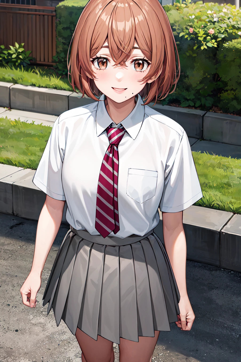 masterpiece, best quality, highres, 1girl, solo, short hair, brown hair, brown eyes, mole, striped necktie, collared shirt, white shirt, short sleeves, pleated skirt, grey skirt, <lora:tachibana_hinata_v1:0.7>, standing, outdoors, smile