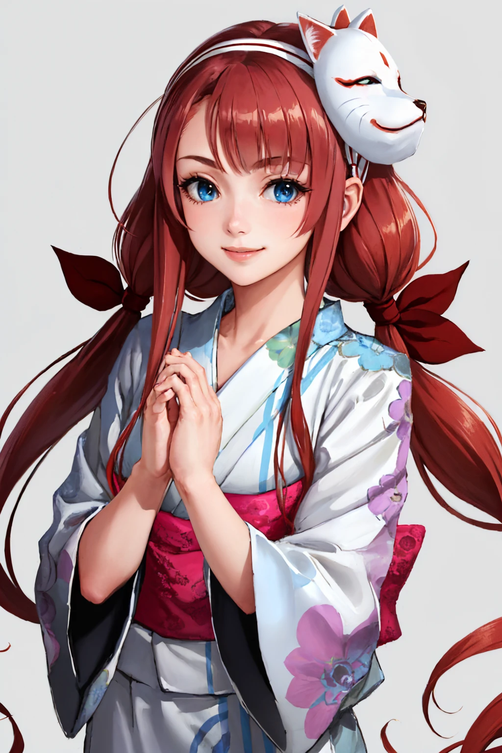 (masterpiece, best quality:1.2), solo, 1girl, kawakazeautumn, smile, looking at viewer, own hands own hands together, low twintails, hair ribbon, fox mask, mask on head, yukata, sash, obi <lora:kancolle_kawakaze-17:1>