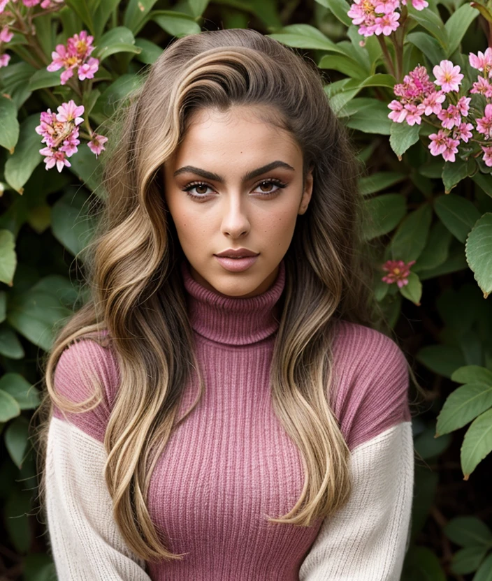 <v3r0m>, nature, outdoor, Colorful flowering, upper body, Blond hair, Turtleneck, close portrait photo, long hair, looking at viewer, blue eyes, black hair, messy hair