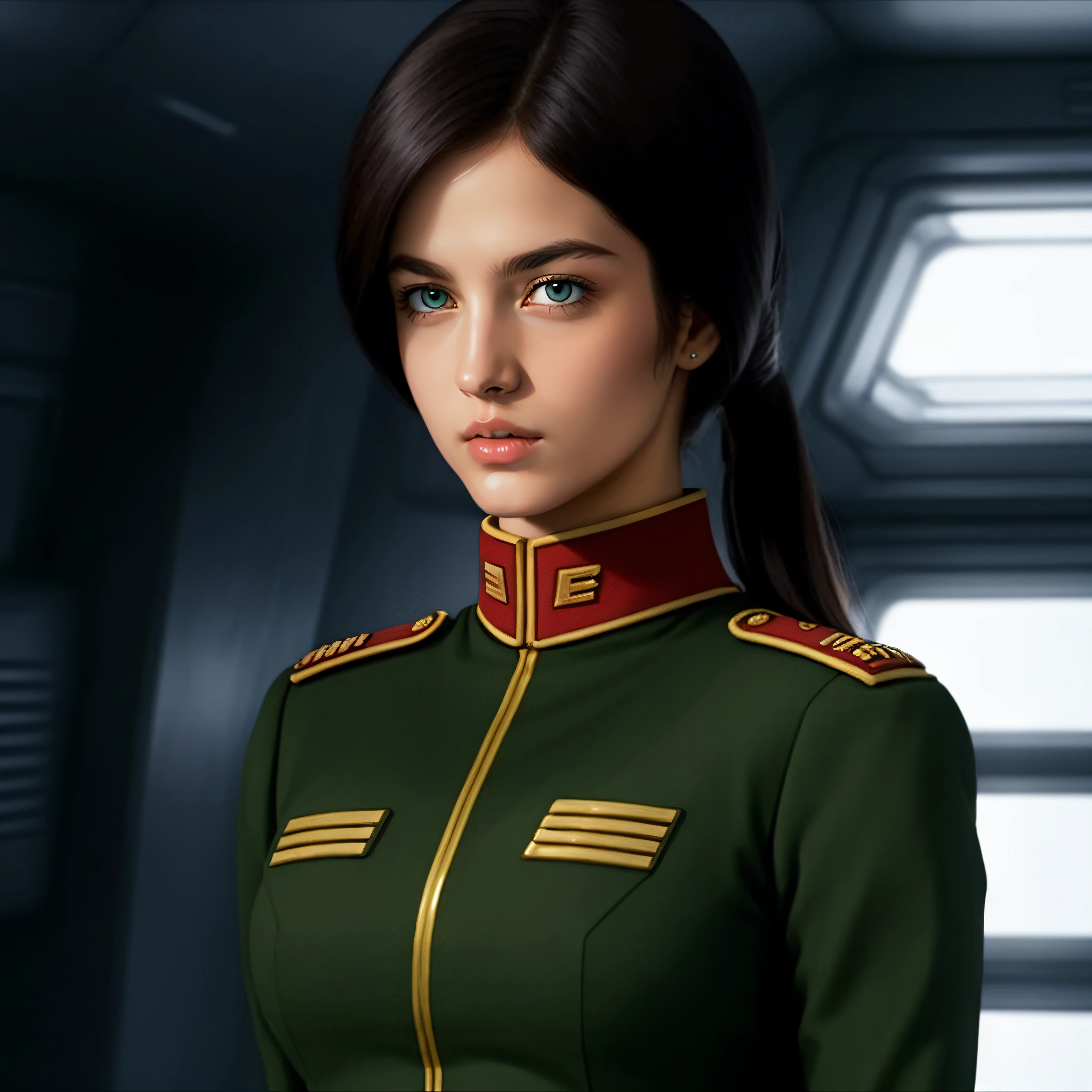photorealistic, cinematic, <lora:zeon officer aam:0.8>, zeon officer, uniform, woman