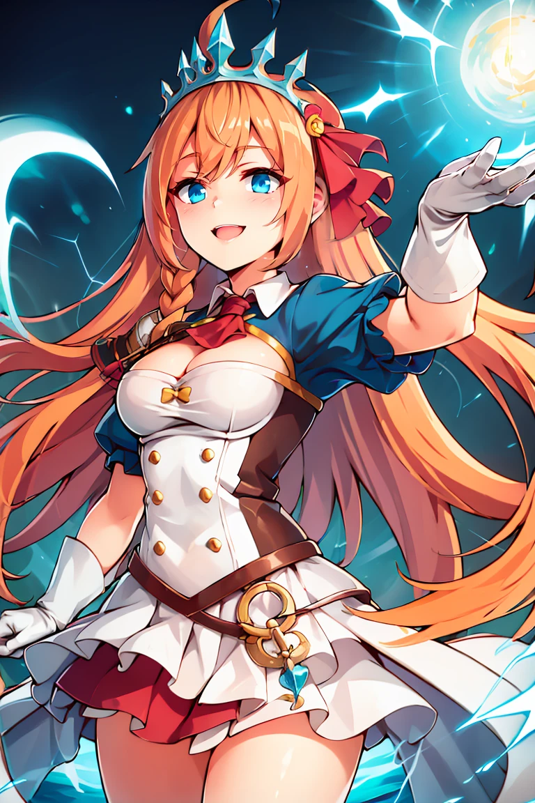 <lora:Aura_v1:0.6>, Aura, energy, glowing,swirling energy, dynamic pose, <lora:ricegnat_style:0.8>,((masterpiece,best quality)), absurdres, <lora:pecorine_v1:0.7>, aapeco, very long hair, ahoge, braid, tiara, hair ribbon, red ascot, cleavage, shrug (clothing), shoulder armor, white dress, short sleeves, white gloves, pleated skirt, red skirt, cowboy shot, smile,
