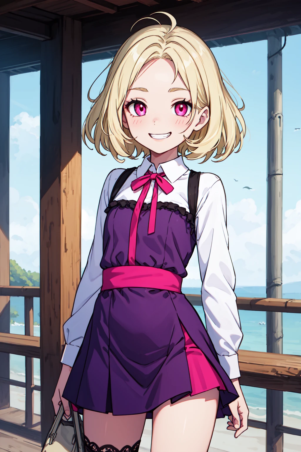 (masterpiece, best quality, SFW:1.2), fascinating, perfectionism, low saturation , translucency
BREAK
1girl, frustrated, grin, looking at viewer, forehead, (cute, petite:1.2), flat_chest, (light yellow hair, messy hair:1.2), (magenta eyes:1.2)
BREAK
(purple dress shirt, ribbon trim, silver lowleg skirt, )
BREAK
ass focus,cowboy shot, contrapposto
BREAK
outdoors, dock