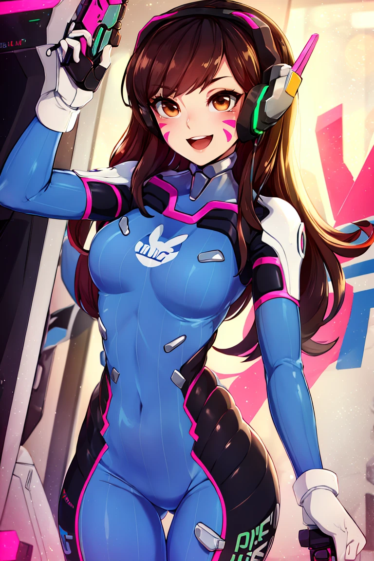 <lora:Merunyaa_Style_Dim32:0.8>,masterpiece, best quality, highres, aahana, long hair, brown hair, headphones, whisker markings, shoulder pads, blue bodysuit, ribbed bodysuit, animal print, clothes writing, long sleeves, white gloves, <lora:d.va_v1:0.8>, cowboy shot, standing, holding weapon, handgun, smile, open mouth, cyberpunk,