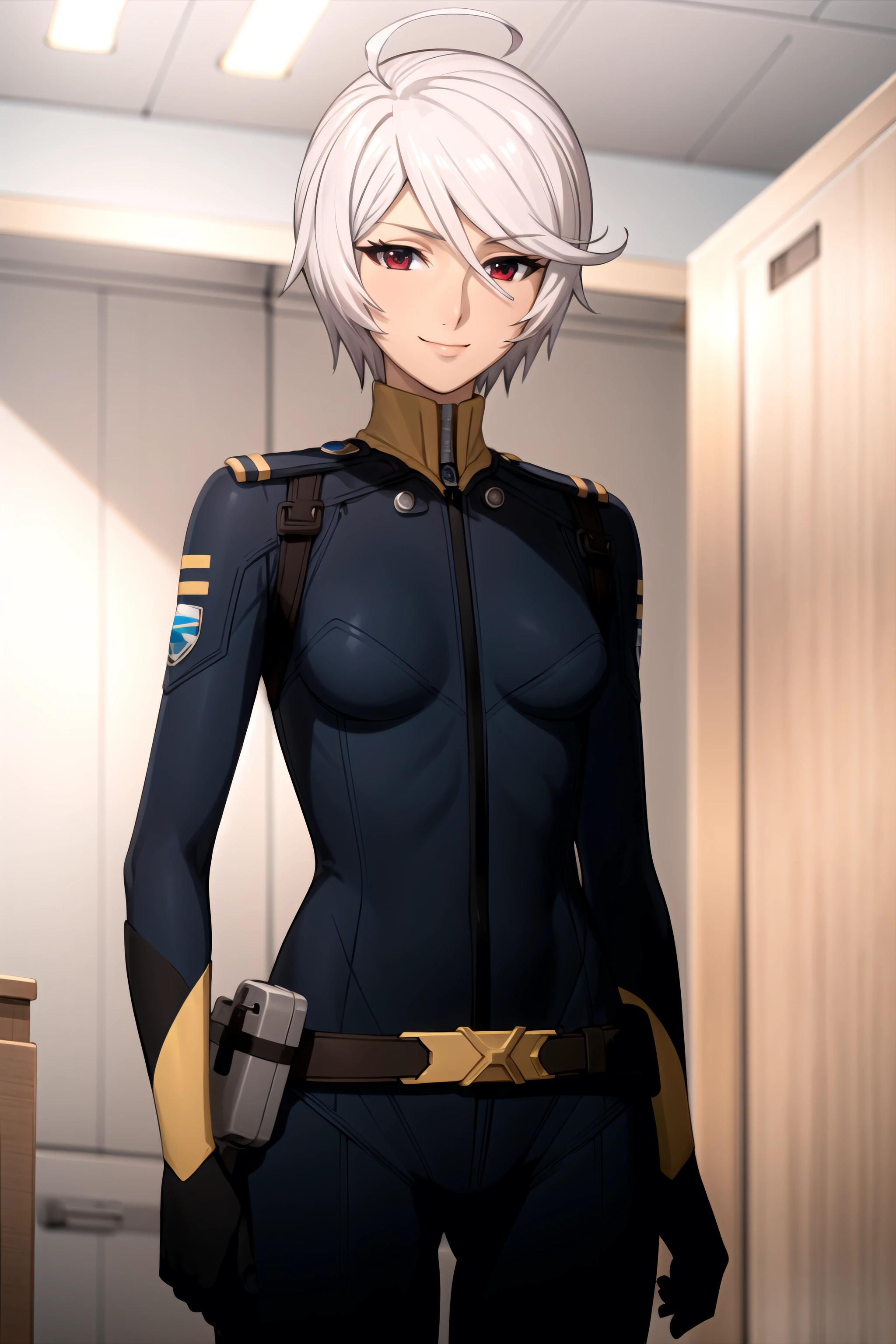best quality, masterpiece, detailed,
<lora:SpaceBattleshipYamato2199_YamamotoAkira:0.8>, YamamotoAkira,
closed mouth, light smile,
grey hair, short hair, red eyes, ahoge,
AkiraPilotSuit, pilot suit, belt, black bodysuit,
standing, looking at the viewer,
indoors, science fiction, cockpit