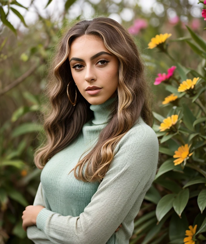 <v3r0m>, nature, outdoor, Colorful flowering, upper body, Blond hair, Turtleneck, close portrait photo, long hair, looking at viewer, blue eyes, black hair, messy hair