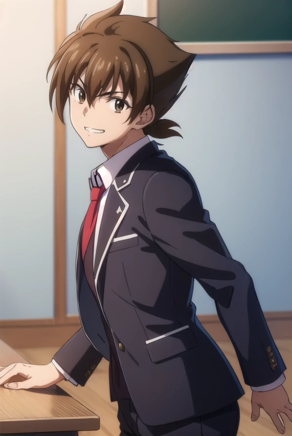 isseihyoudou, <lora:issei hyoudou anime s1-lora-nochekaiser:1>,
issei hyoudou, brown hair, (brown eyes:1.5), male focus, smile, grin,
BREAK long sleeves, school uniform, jacket, necktie, pants, black jacket, red necktie,
BREAK indoors, classroom,
BREAK looking at viewer, (cowboy shot:1.5),
BREAK <lyco:GoodHands-beta2:1>, (masterpiece:1.2), best quality, high resolution, unity 8k wallpaper, (illustration:0.8), (beautiful detailed eyes:1.6), extremely detailed face, perfect lighting, extremely detailed CG, (perfect hands, perfect anatomy),