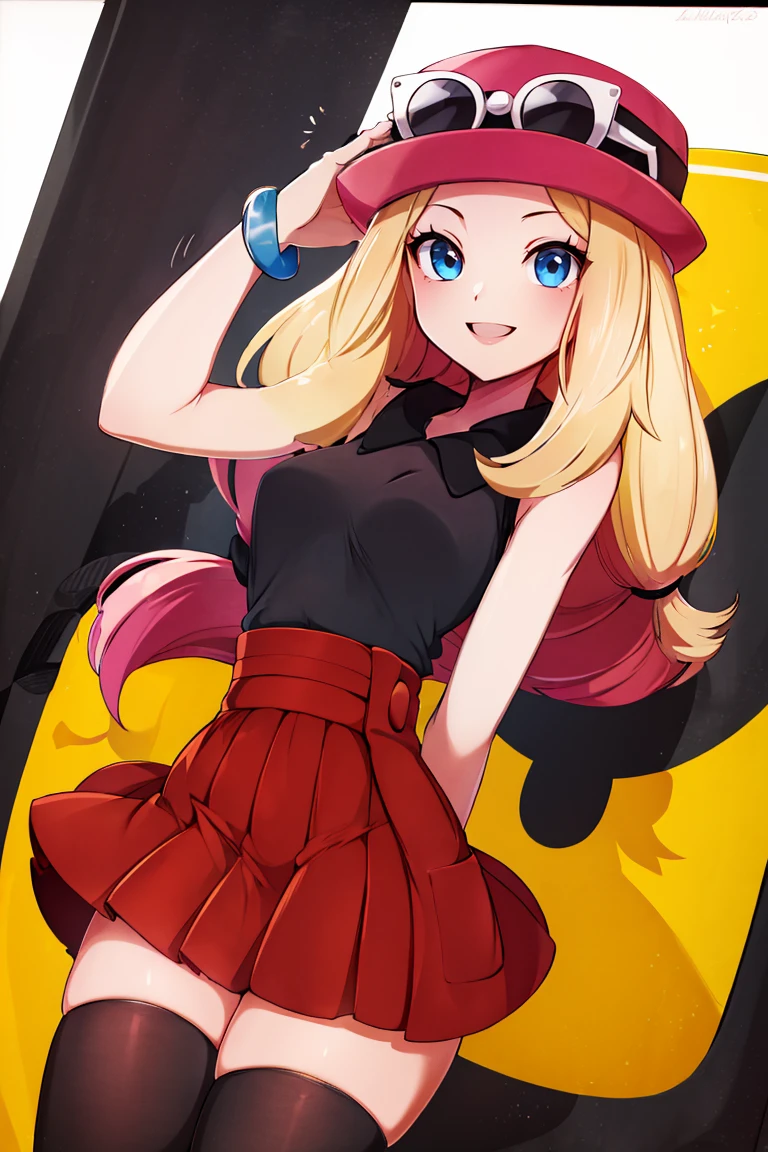 <lora:Merunyaa_Style_Dim32:0.8>,((masterpiece,best quality)), absurdres, <lora:serena_v1:0.7>, serena \(pokemon\), 1girl, long hair, blue eyes, thighhighs, long hair, hat, jewelry, bracelet, black thighhighs, collared shirt, pleated skirt, red skirt, sleeveless, high-waist skirt, sleeveless shirt, eyelashes, pink headwear, black shirt, eyewear on headwear, solo, smiling, looking at viewer, cowboy shot, ,
