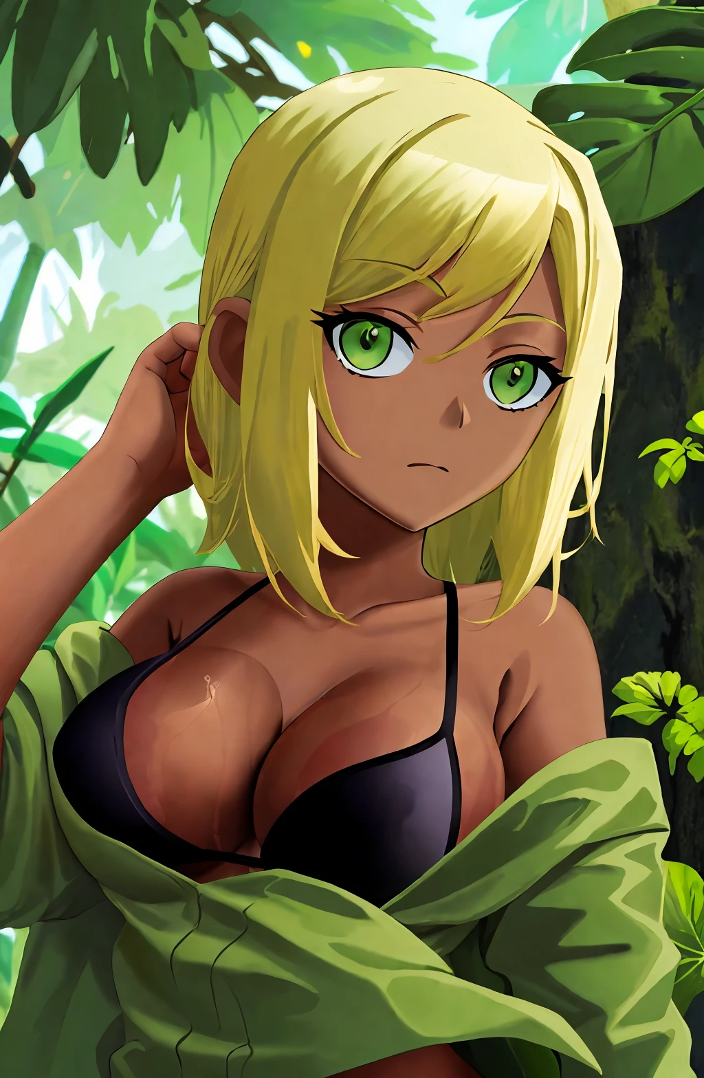doompypomp, doompypomp style, 1girl, solo, (((portrait shot))), looking at viewer, green eyes, blonde hair, (((very dark skin, dark-skinned female))), cleavage, bikini, background: outdoors tropical rainforest, <lora:DoompyPomp Style:0.9>
