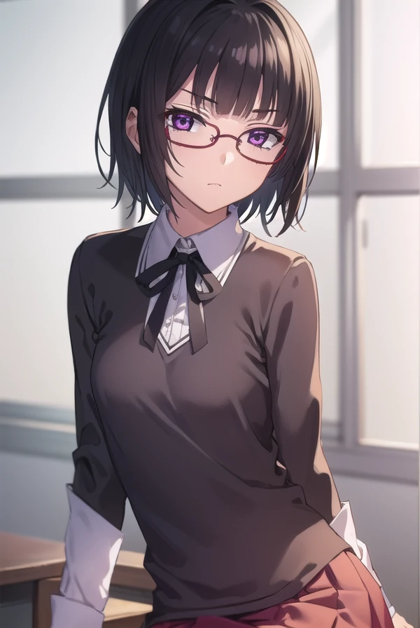 sounasitri, <lora:souna sitri anime s1-lora-nochekaiser:1>,
souna sitri, short hair, black hair, hair ornament, glasses, hairclip, bangs, blunt bangs, (purple eyes:1.1),
BREAK shirt, ribbon, school uniform, white shirt, black ribbon, neck ribbon, capelet, black capelet, long sleeves, skirt, red skirt,
BREAK indoors, classroom,
BREAK looking at viewer, (cowboy shot:1.5),
BREAK <lyco:GoodHands-beta2:1>, (masterpiece:1.2), best quality, high resolution, unity 8k wallpaper, (illustration:0.8), (beautiful detailed eyes:1.6), extremely detailed face, perfect lighting, extremely detailed CG, (perfect hands, perfect anatomy),