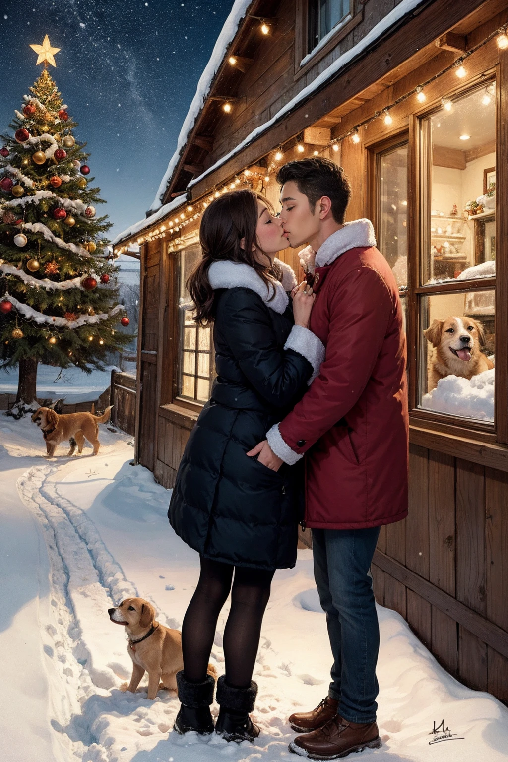 a painting of a couple kissing in the snow with a dog, warm colors, christmas, christmas lights,