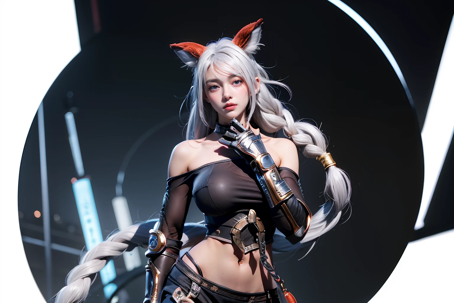 <lora:Qi_AoV_New:0.6>,  <lora:add_detail:0.5>, qi_aov_new, 1girl, solo, grey eyes, grey hair, bangs, long hair, hair ornament, breasts, large breasts, looking at viewer, blue eyes, white background, animal ears, bare shoulders, standing, white hair, , pants, black pants, armor, lips, gauntlets, jewelry, braid, toes, anklet, tail, ass, realistic, (masterpiece),((ultra-detailed)), (highly detailed CG illustration),(expressionless), (best quality:1.2)