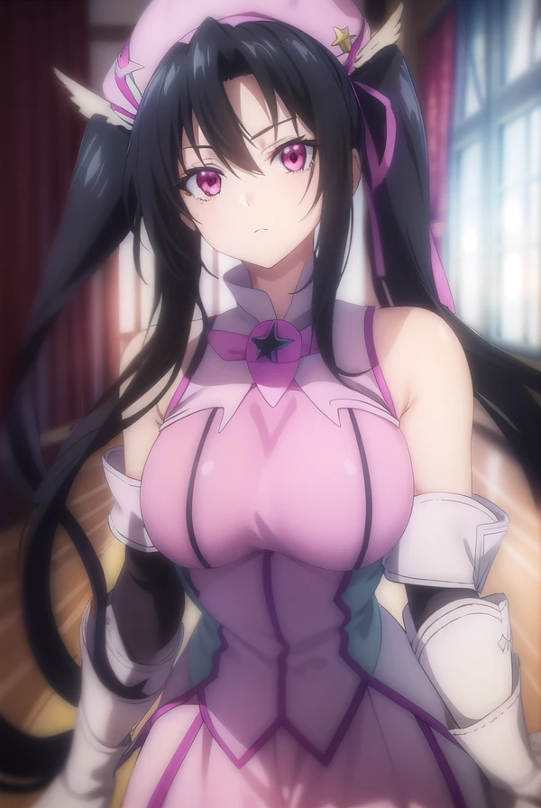serafallleviathan, <lora:serafall leviathan anime s2-lora-nochekaiser:1>,
serafall leviathan, long hair, black hair, twintails, (pink eyes:1.5),
BREAK gloves, hat, bare shoulders, elbow gloves, fingerless gloves, cosplay, magical girl,
BREAK indoors,
BREAK looking at viewer, (cowboy shot:1.5),
BREAK <lyco:GoodHands-beta2:1>, (masterpiece:1.2), best quality, high resolution, unity 8k wallpaper, (illustration:0.8), (beautiful detailed eyes:1.6), extremely detailed face, perfect lighting, extremely detailed CG, (perfect hands, perfect anatomy),