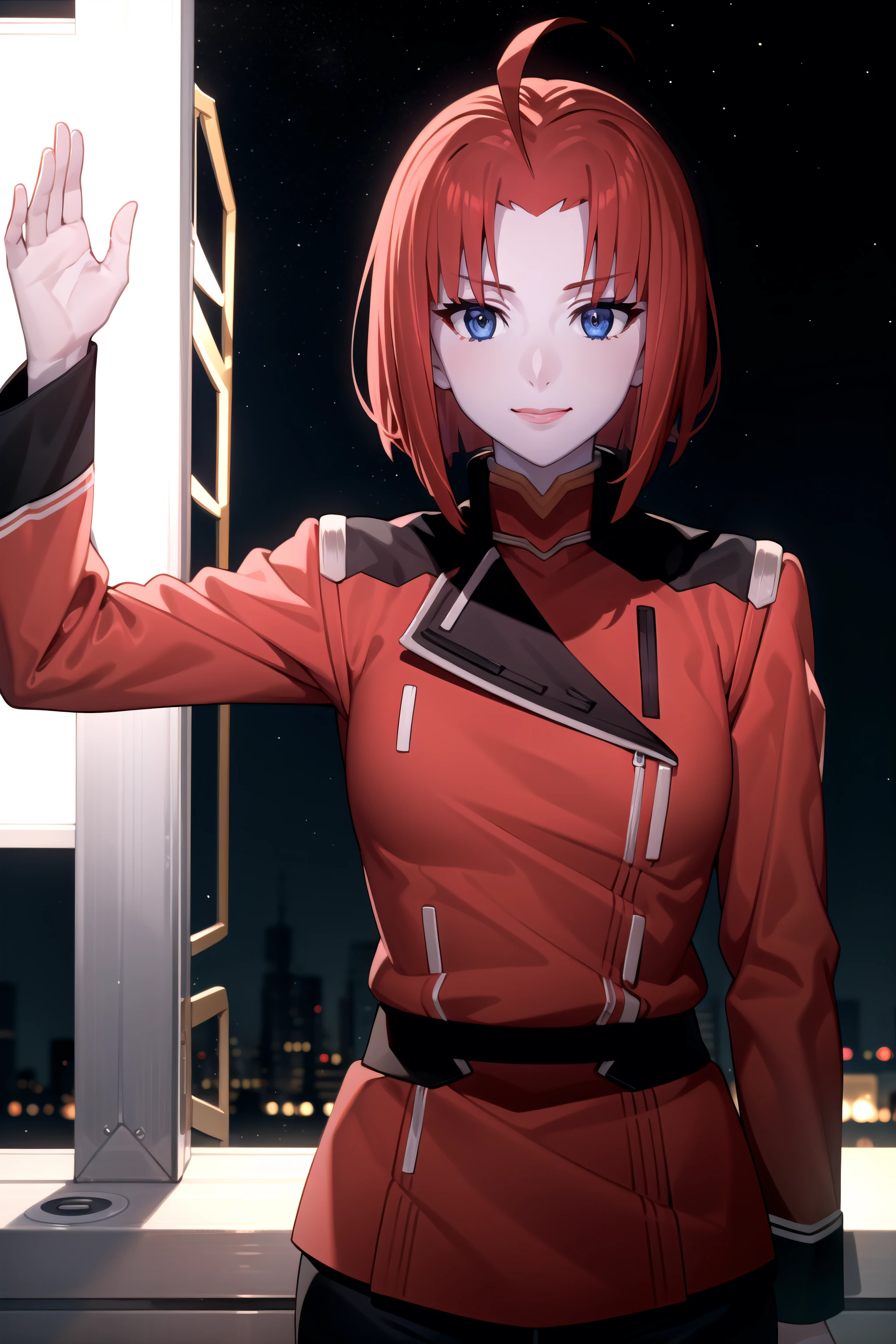 best quality, masterpiece, detailed,
<lora:SpaceBattleshipYamato2199_DeitzMelda:0.8>, DeitzMelda,
solo, closed mouth, light smile,
red hair, short hair, blue eyes, ahoge, blue skin, lipstick,
MeldaUniform, military uniform, red jacket, black pants,
standing, looking at the viewer, (front facing:1.3),
outdoors, starry sky, night