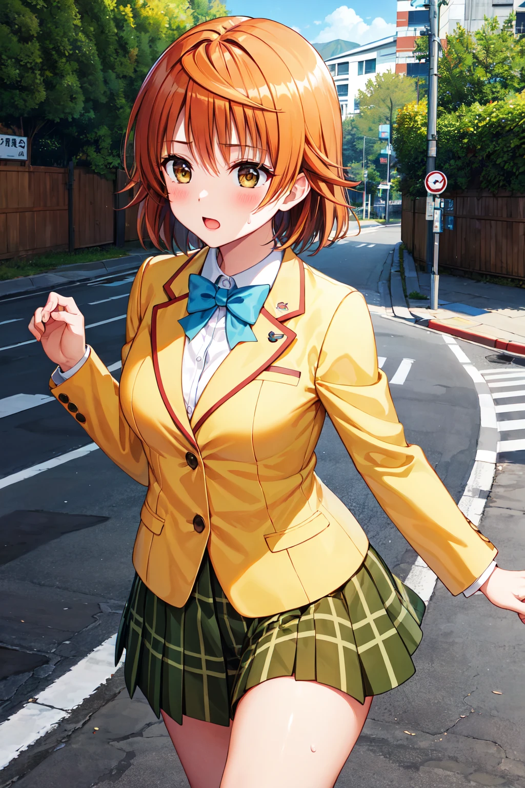 masterpiece, best quality, highres, aariko, short hair, brown eyes, school uniform, blue bowtie, blazer, yellow jacket, long sleeves, plaid skirt, green skirt, <lora:yuusaki_riko_v1:0.6>, running, sweat, outdoors, road,