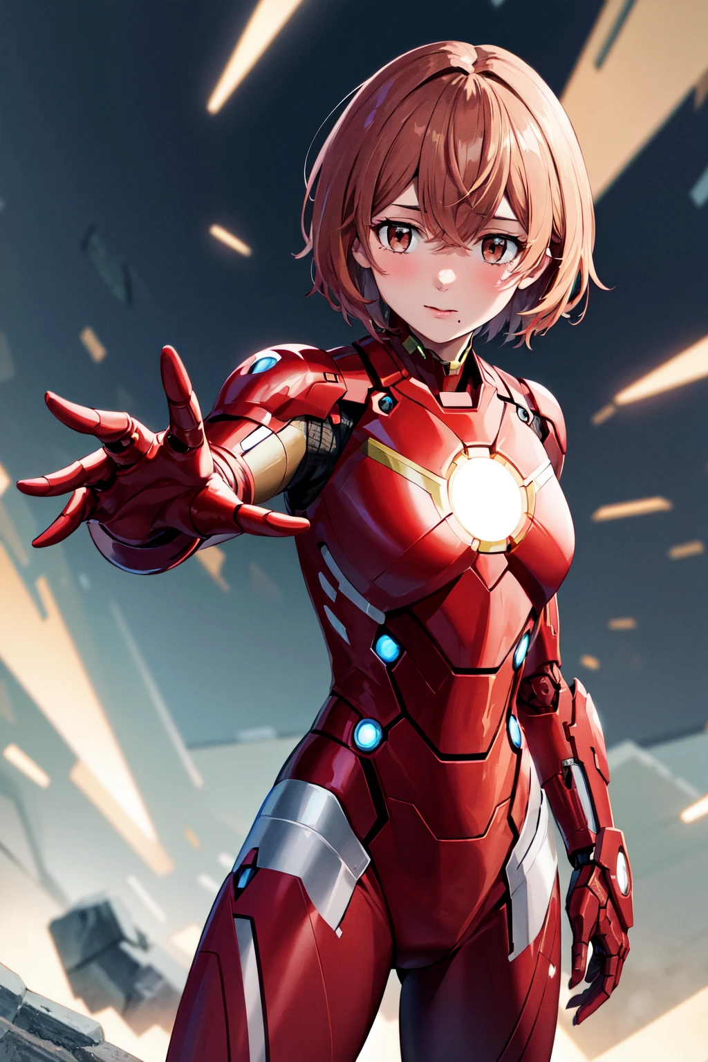 masterpiece, best quality, highres, 1girl, solo, short hair, brown hair, brown eyes, mole, <lora:tachibana_hinata_v1:0.7>, iron man, bodysuit, ruins, fighting stance, cowboy shot