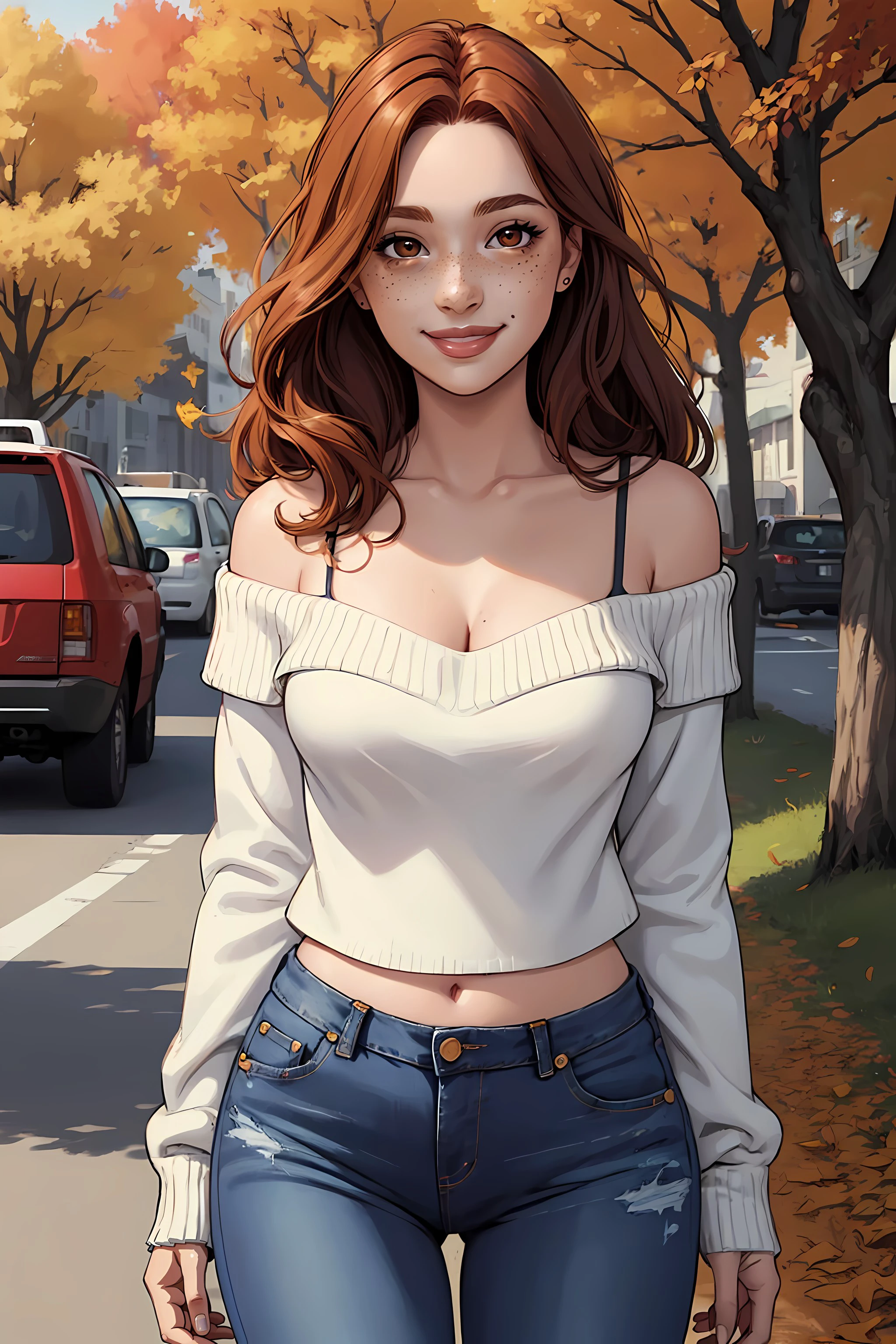 (masterpiece, highest quality, illustration), cartoon rendering, medium shot, solo, 1girl, smile, long hair, auburn hair, brown eyes, freckles, cleavage, cropped sweater, off shoulder, spaghetti strap, jeans, outdoors, autumn, facing the viewer, standing