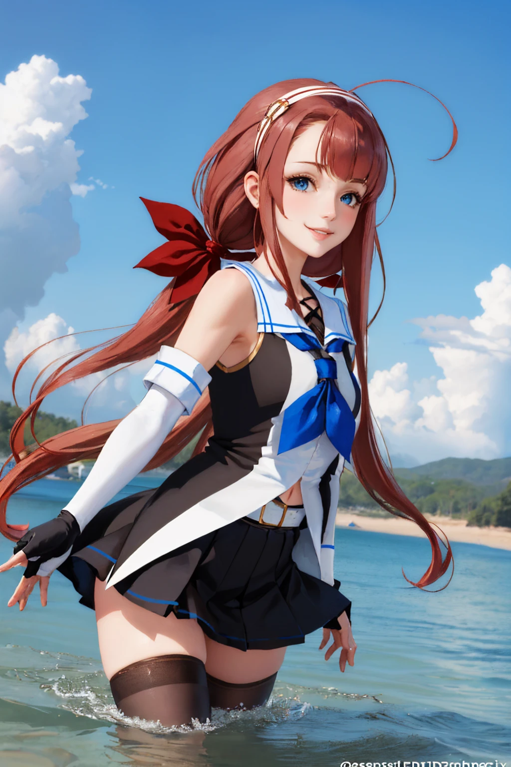 (masterpiece, best quality:1.2), solo, 1girl, kawakazedef, smile, looking at viewer, wading, ahoge, low twintails, hair ribbon, hairband, school uniform, sleeveless shirt, neckerchief, elbow gloves, fingerless gloves, black skirt, thighhighs <lora:kancolle_kawakaze-17:1>