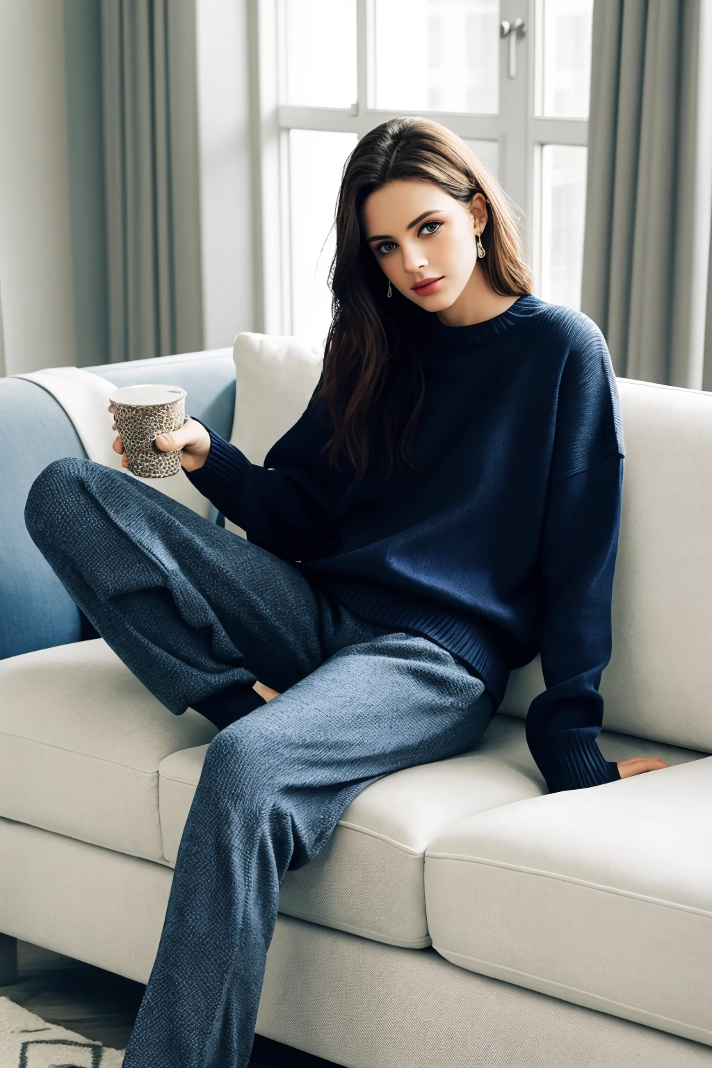 women sitting in a luxurious room wearing sweater and long pants
