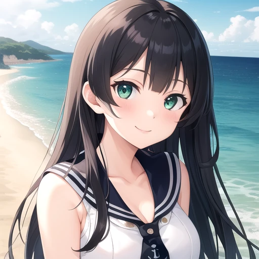 ((masterpiece)),(best quality),official art,extremely detailed CG,unity 8k wallpaper,ultra detailed,A lighthouse on a cliff by the sea,1girl,solo,upper body,(portrait:1.2),black_hair,long_hair,red_skirt,white shirt,white_gloves,pleated_skirt,black_thighhighs,school_uniform,serafuku,black_sailor_collar,large_breasts,garter_straps,anchor_symbol,midriff,green_eyes,cleavage,black_necktie,looking_at_viewer,smile,navel,sleeveless_shirt,<lora:Agano(kan)>,