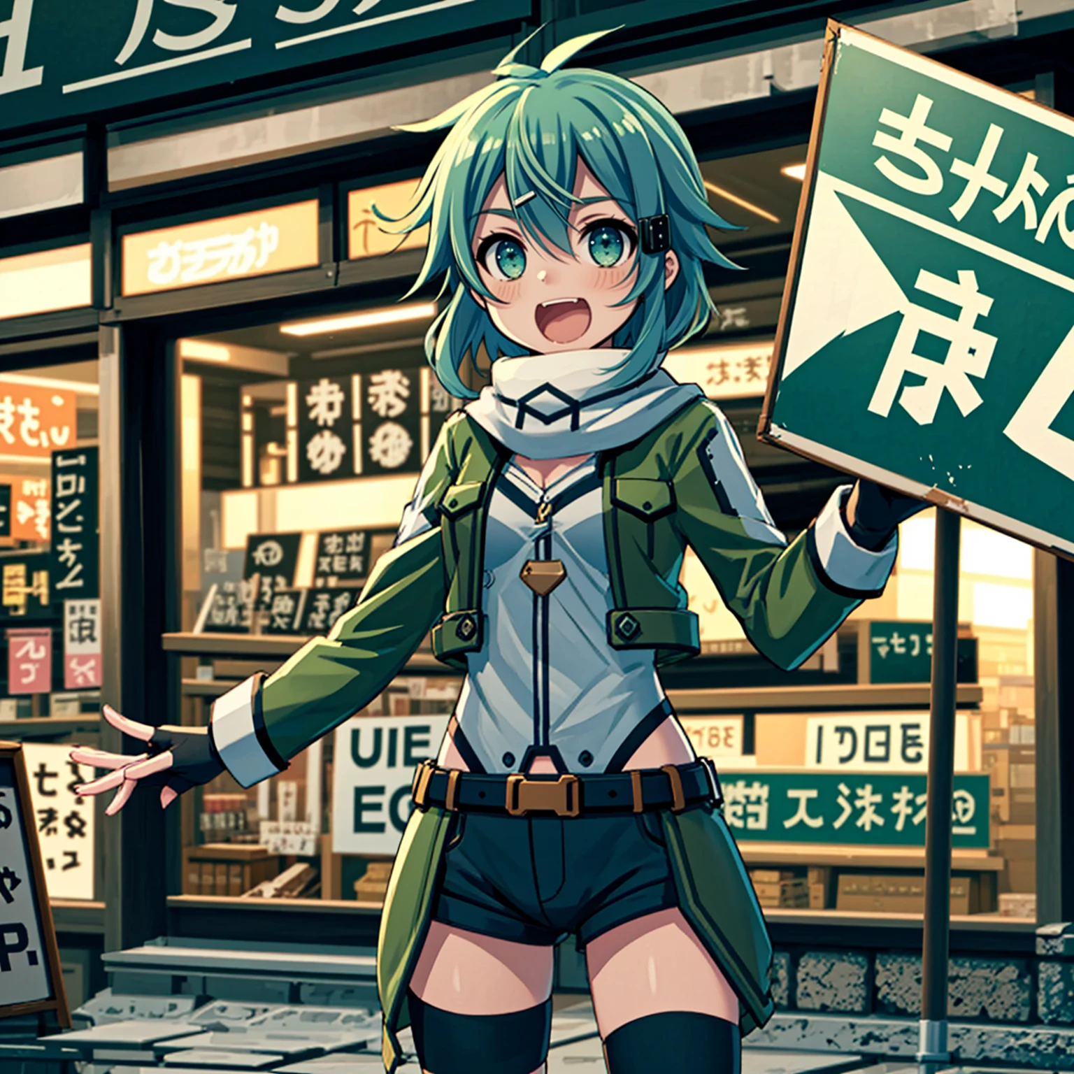 <lora:LCM_LoRA_Weights_SD15:1>,masterpiece,best quality,highly detailed,1girl,solo,light smile,
<lora:sinon_v5:0.75>,sinon1,scarf,fingerless gloves,long sleeves,short shorts,hair ornament,hairclip,green thighhighs,green jacket,thigh strap,
<lora:advertiseStoreFront:0.4>,marketFront,storefront,(((shouting,holding sign))),