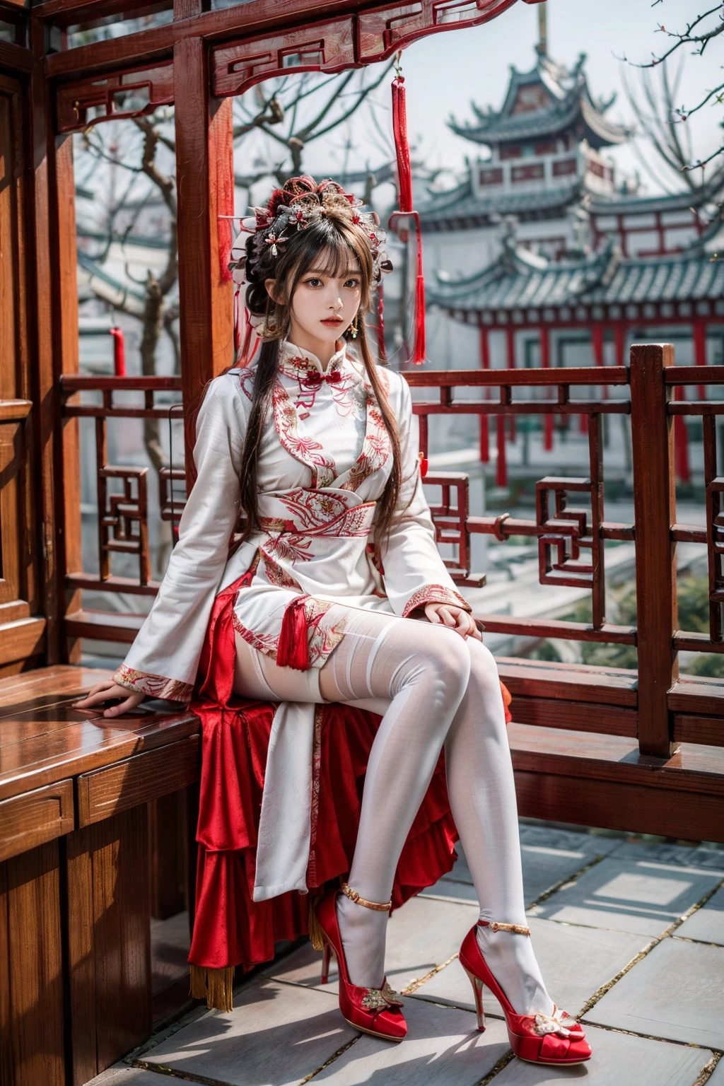 best quality, masterpiece, photorealistic, 1girl, solo, long straight hair, blunt bangs, looking at viewer, full body, sitting, hair ornament, cyb dress, chinese clothes, long sleeves, wide sleeves, armband, white pantyhose, red high heels, outdoors, snow, chinese architecture, chinese garden, tree, flower, <lora:add_detail:1>, <lora:cn_style_modern_attire_vol2_style5_v1:0.7>