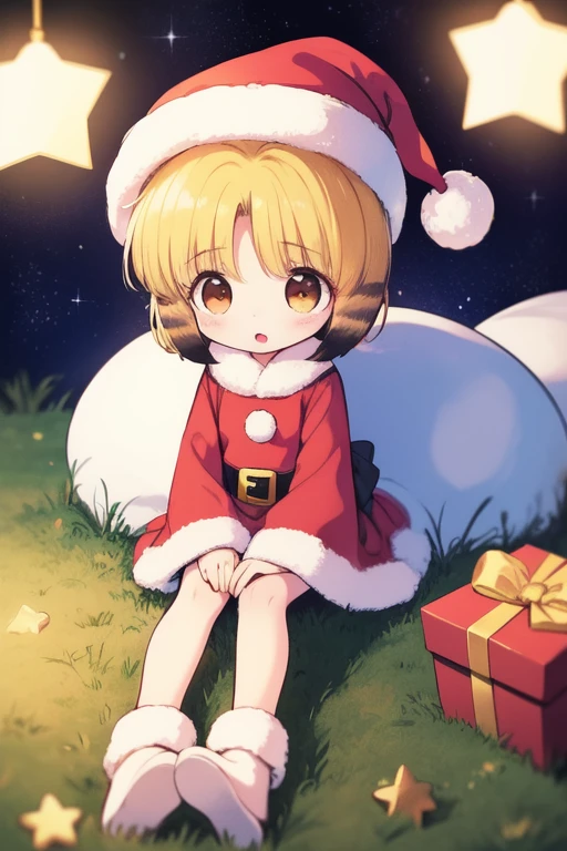 <lora:nyannyan:0.8> nyannyan, 1girl, multicolored hair, brown eyes, gold hair,  short hair.  chibi, toddler, a very young child,  
Christmas, SantaClaus, hat, night, starry sky, sitting,
masterpiece, high quality, very_high_resolution, large_filesize, full color,