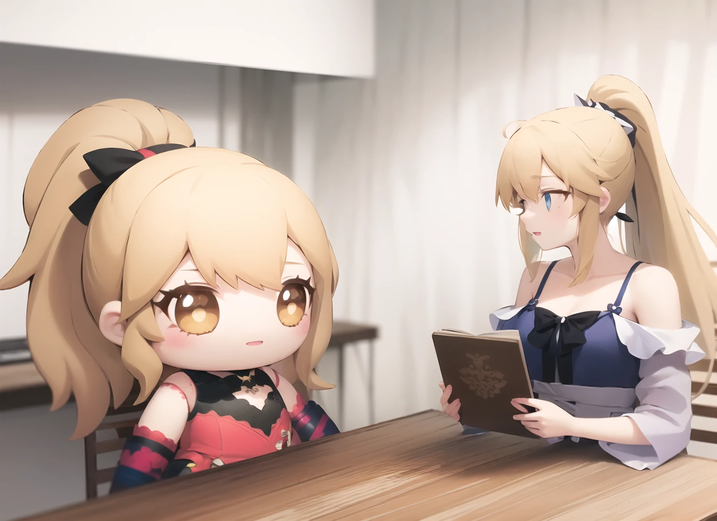 doqute doll,  table, 1girl, indoors, ponytail, dress, bare shoulders, blonde hair,  <lora:doqute_doll_meme_v1:1>