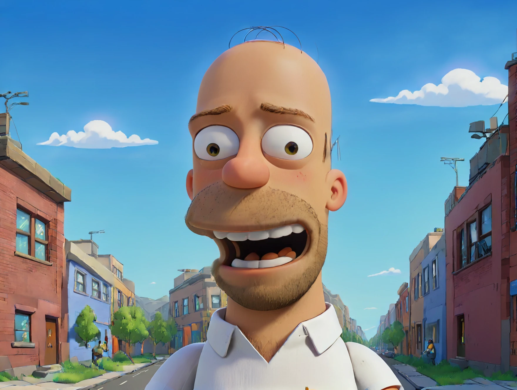 (best quality, high quality:1.3),
ohwx man,3d,3d model,pixar style,high detail,realistic,short beard stubble,bald,mid shot,blue sky,street,white shirt,happy smile,
<lora:homer_simpson_sdxl_v1:1.2>