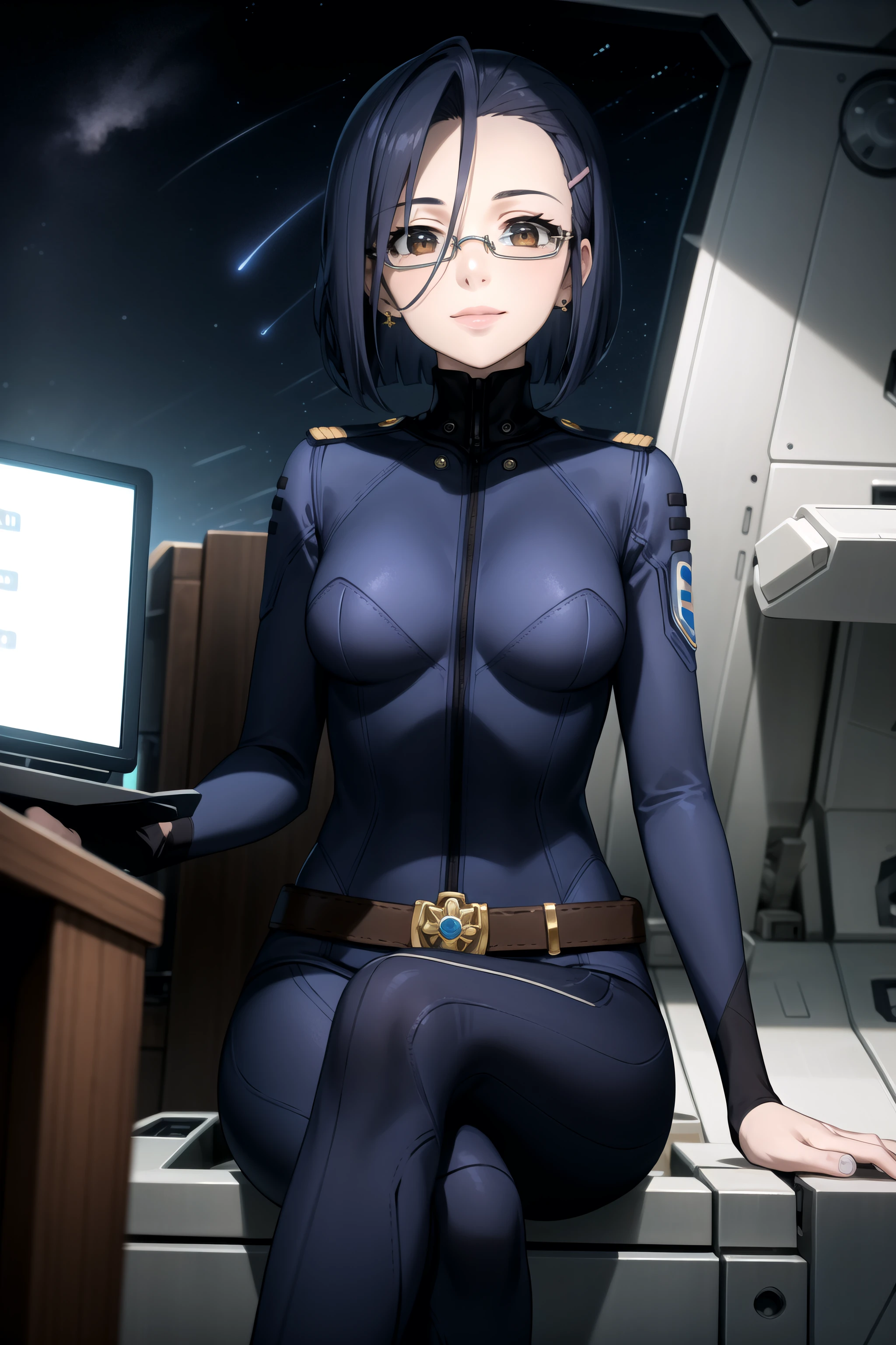 best quality, masterpiece, detailed,
<lora:SpaceBattleshipYamato2199_NiimiKaoru:0.8>, NiimiKaoru,
closed mouth, light smile,
blue hair, short hair, brown eyes, hairclip, lips, stud earrings, semi-rimless eyewear,
NiimiBodysuit, blue bodysuit, belt,
sitting, looking at the viewer, crossed legs,
science fiction, cockpit, starry sky