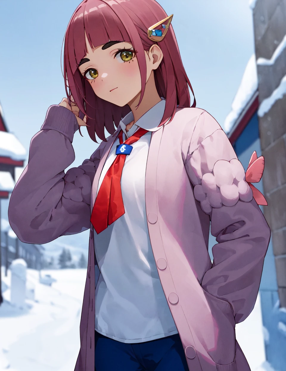 design, interrior, interriordesign (masterpiece, best quality, hi res:1.2), 1girl, (solo:1.2), pklacey, <lora:Lacey Pokemon (pklacey) V2:0.7>, pink hair, detailed skin, tundra, snow, coat, white shirt, blue pants, necktie