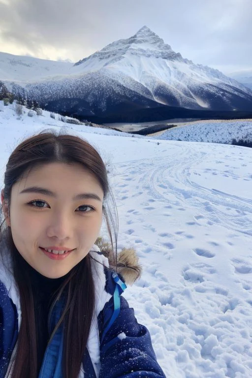 belinda, happy face, selfie, snow, snowy mountain, 
 <lora:Celeb_BelindaChristina:0.8>, , masterpiece, (best quality:1.2), [:intricate details:0.2],