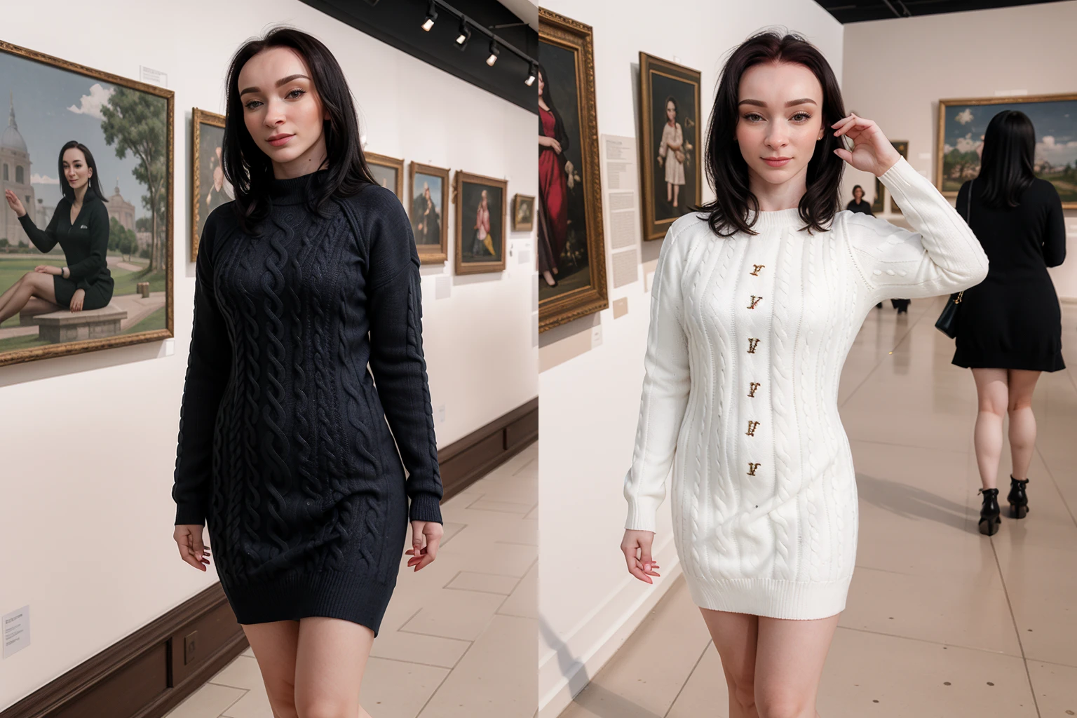 alice03 standing solo wearing a full cableknit sweater dress in a beautiful museum