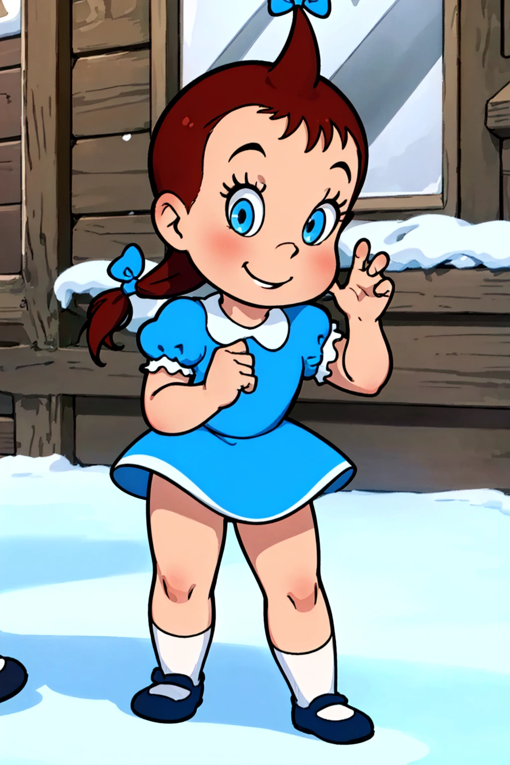 laudrey, 1girl, dress, solo, brown hair, bow, hair bow, blue dress, child, smile, short sleeves, socks, shoes, short hair, twin braids, puffy sleeves ,looking at viewer, standing, <lora:Audrey1.0:0.7>