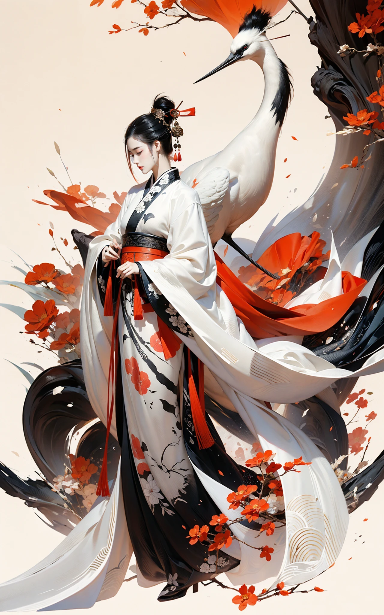 Ink painting, ink painting, splash-ink, ink splash, calligraphy, Chinese characters, Chinese character background
Red crowned crane1girlHanfu,
<lora:~Q?-d Red crowned crane:0.8>