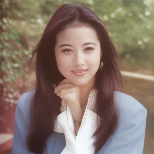 KathyChow ,  clear and smooth complexion, a well-defined nose with a narrow bridge, eyebrows are well-groomed, almond-shaped eyes with what appears to be dark-colored irises.