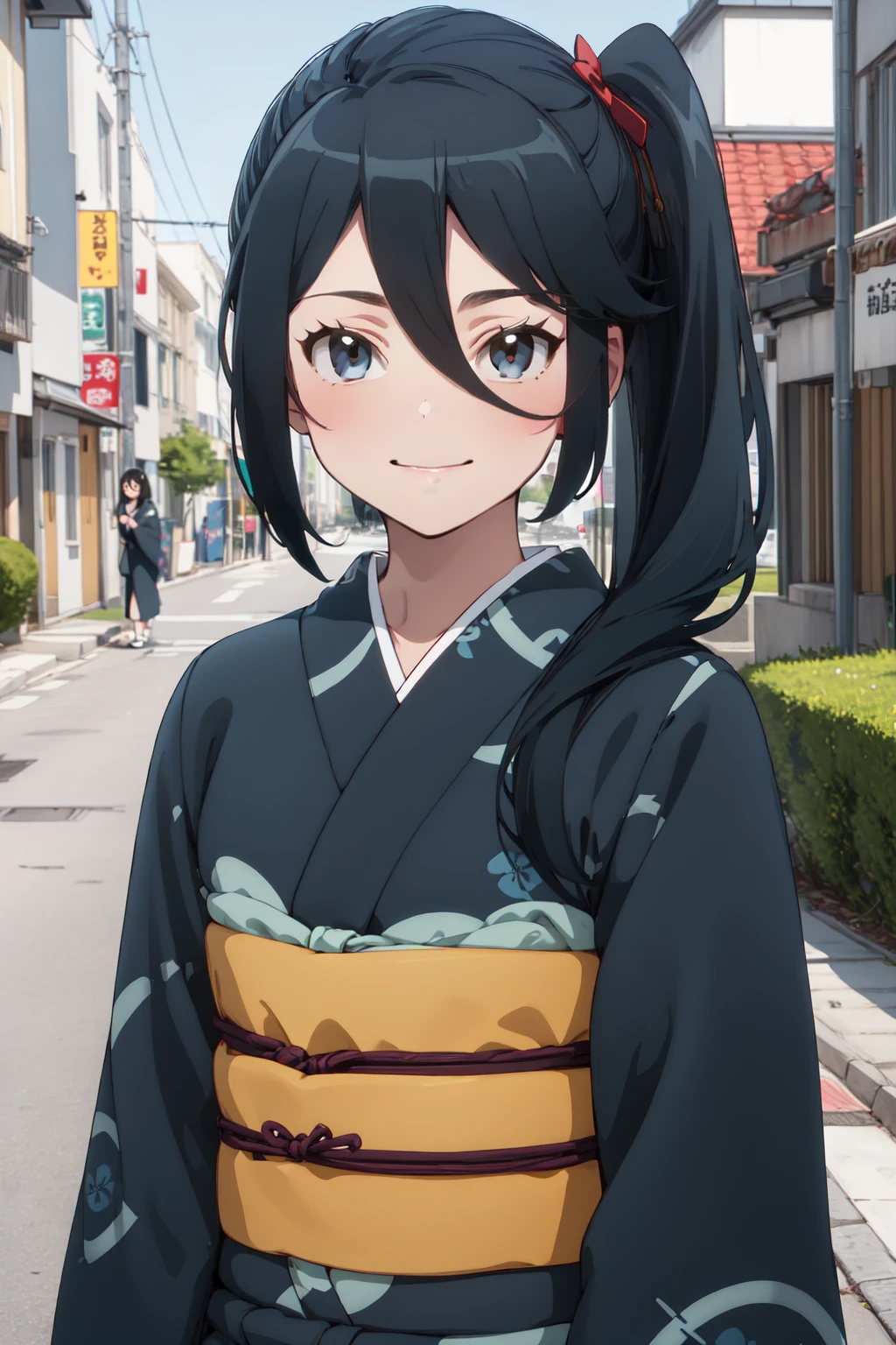 (masterpiece:1.3), (absurdres:1.3), (best quality:1.3), (ultra-detailed:1.3), 1girl, looking at viewer, upper body, smile, outdoors,  <lora:suzuno-fi-000008:1>, suzuno-fi, japanese cloth, black kimono, obi,