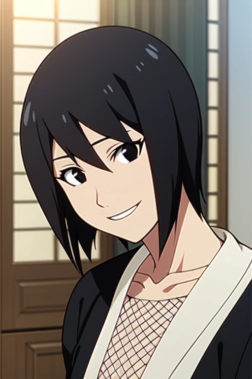 Shizune, short hair, black hair, black eyes, black kimono, white trim, obi, fishnet top, smile, collarbone, indoors