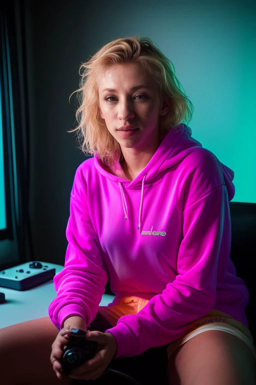 DEN_natasha_legeydaMK2,
sitting at a computer wearing headphones and playing games (holding a controller:1.2) wearing a hoodie in a (neon lit room:1.3), (gamer:1.2), gaming, gamer girl, games, (purple lighting, neon:1.2),
bokeh, f1.4, 40mm, photorealistic, raw, 8k, textured skin, skin pores, intricate details  <lora:epi_noiseoffset2:1>, epiCRealism <lora:ClothingAdjuster3:-1.0>