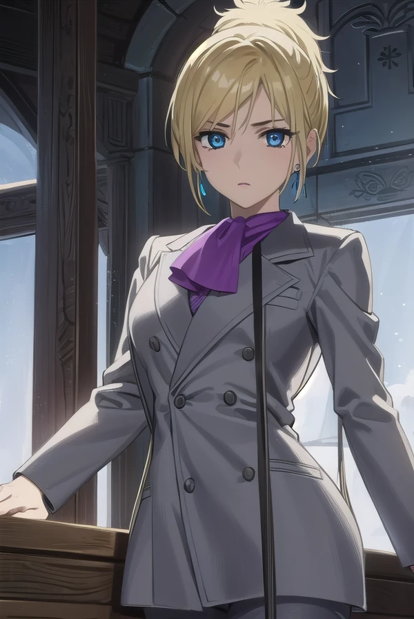 wolfsraincher, <lora:wolfsrain cher-lora-nochekaiser:1>,
cher, short hair, blue eyes, blonde hair, ponytail,
BREAK earrings, ascot, formal, suit, lipstick, makeup, jacket, (grey jacket:1.5),
BREAK outdoors,
BREAK looking at viewer, (cowboy shot:1.5),
BREAK <lyco:GoodHands-beta2:1>, (masterpiece:1.2), best quality, high resolution, unity 8k wallpaper, (illustration:0.8), (beautiful detailed eyes:1.6), extremely detailed face, perfect lighting, extremely detailed CG, (perfect hands, perfect anatomy),