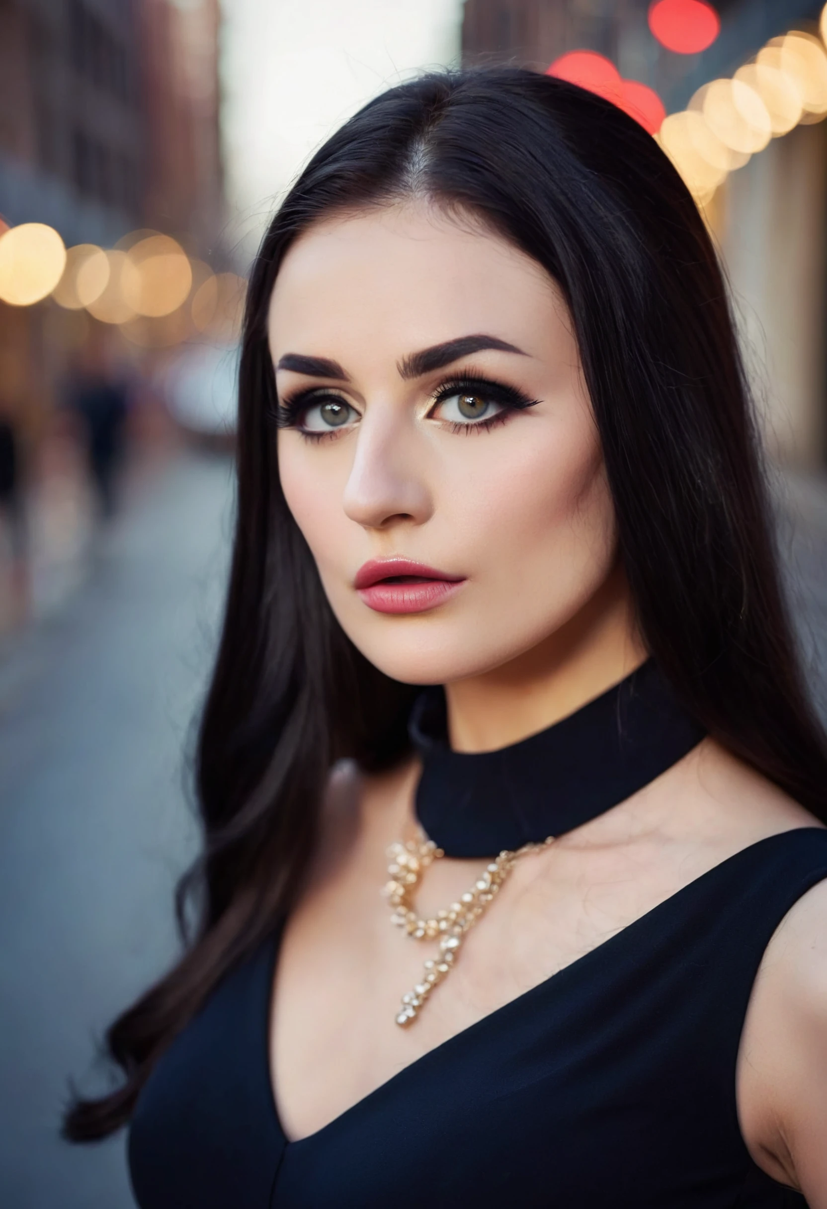 cinematic film still <lora:Tweetney_SDXL_v1.0a:1> a professional photography headshot of an ((ohwx woman)) in a Dior little black dress, perfect detailed face, detailed eyes, detailed skin, long black hair, incredibly detailed, natural lighting, outdoors, bokeh background, symmetrical figure, city street backdrop, professional setting, beautiful effects, perfect photography, highest quality work, shot by a professional photographer . shallow depth of field, vignette, highly detailed, high budget, bokeh, cinemascope, moody, epic, gorgeous, film grain, grainy