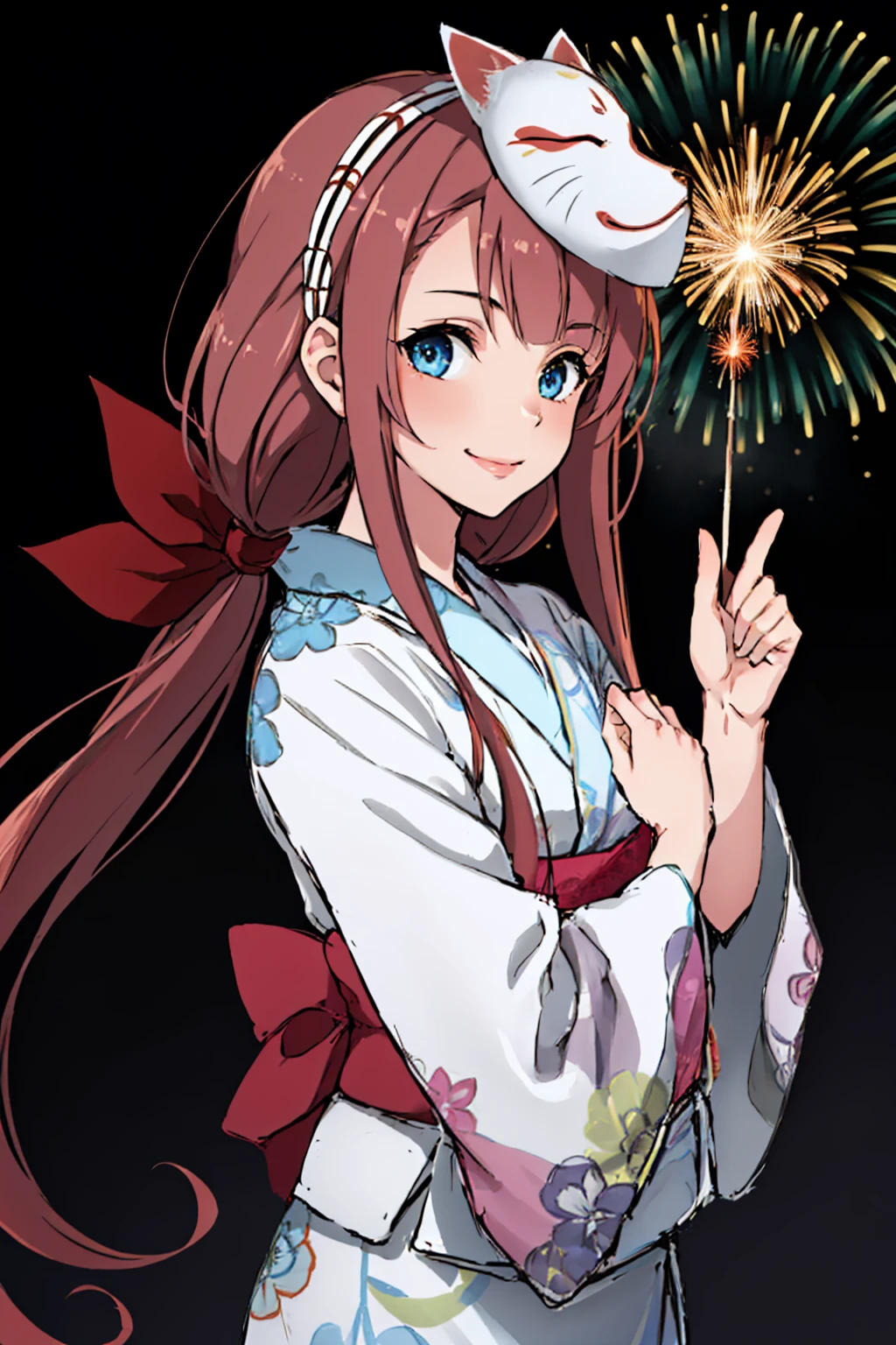 (masterpiece, best quality:1.2), solo, 1girl, kawakazeautumn, smile, looking at viewer, low twintails, hair ribbon, fox mask, mask on head, yukata, sash, obi, fireworks <lora:kancolle_kawakaze-17:1>