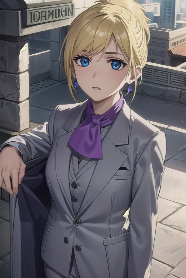 wolfsraincher, <lora:wolfsrain cher-lora-nochekaiser:1>,
cher, short hair, blue eyes, blonde hair, ponytail,
BREAK earrings, ascot, formal, suit, lipstick, makeup, jacket, (grey jacket:1.5),
BREAK outdoors,
BREAK looking at viewer, (cowboy shot:1.5),
BREAK <lyco:GoodHands-beta2:1>, (masterpiece:1.2), best quality, high resolution, unity 8k wallpaper, (illustration:0.8), (beautiful detailed eyes:1.6), extremely detailed face, perfect lighting, extremely detailed CG, (perfect hands, perfect anatomy),
