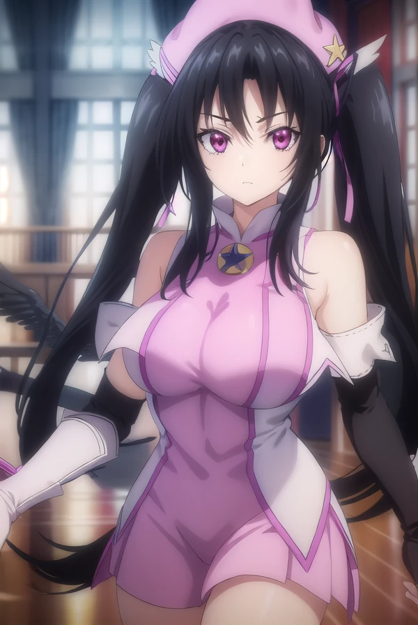 serafallleviathan, <lora:serafall leviathan anime s2-lora-nochekaiser:1>,
serafall leviathan, long hair, black hair, twintails, (pink eyes:1.5),
BREAK gloves, hat, bare shoulders, elbow gloves, fingerless gloves, cosplay, magical girl,
BREAK indoors,
BREAK looking at viewer, (cowboy shot:1.5),
BREAK <lyco:GoodHands-beta2:1>, (masterpiece:1.2), best quality, high resolution, unity 8k wallpaper, (illustration:0.8), (beautiful detailed eyes:1.6), extremely detailed face, perfect lighting, extremely detailed CG, (perfect hands, perfect anatomy),
