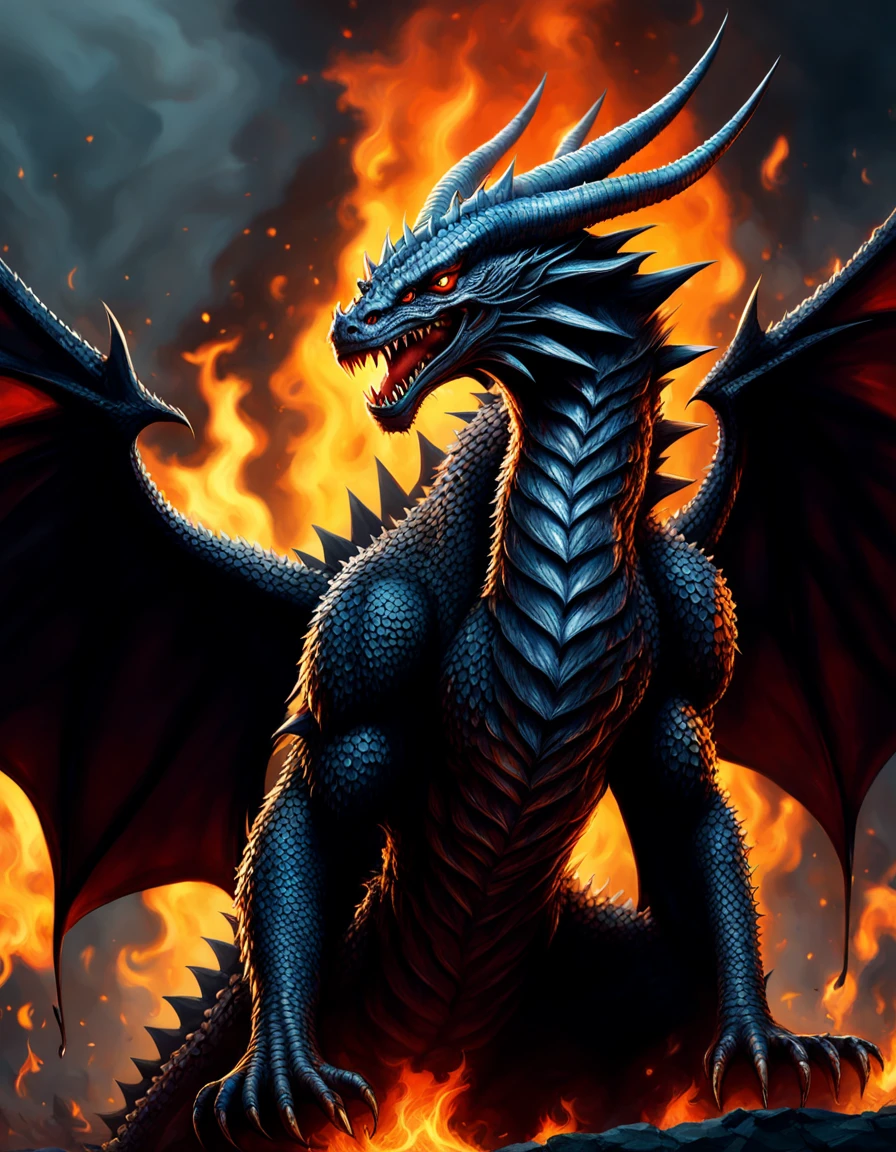 masterpiece, best quality, greg rutkowski, fire, no humans, open mouth, wings, dragon, sharp teeth, teeth, tail, solo, breathing fire, horns, monster, claws, smoke , very detailed, high resolution, sharp, sharp image, 4k, 8k,